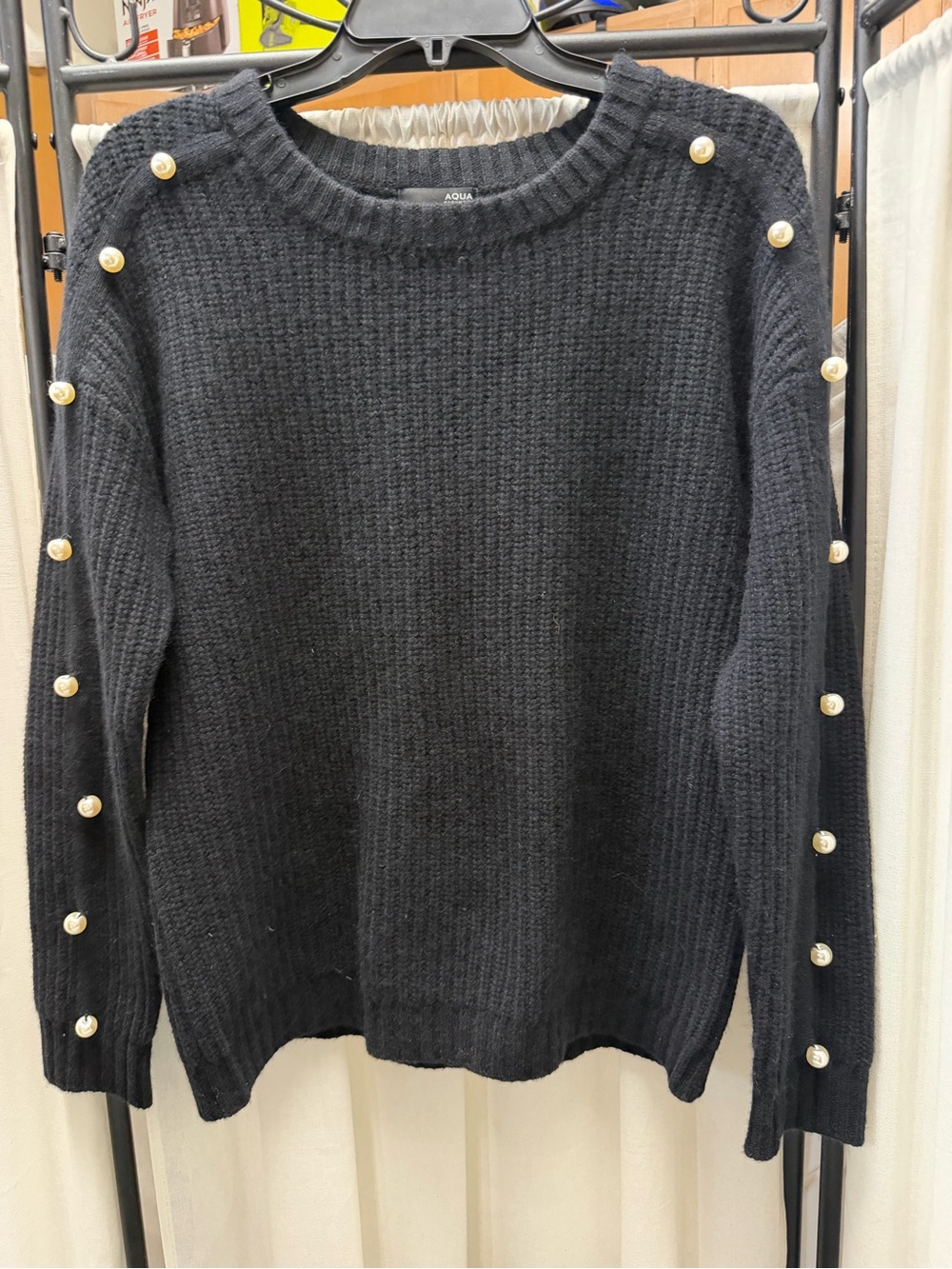 Aqua Black Pearl-Embellished Cashmere Sweater